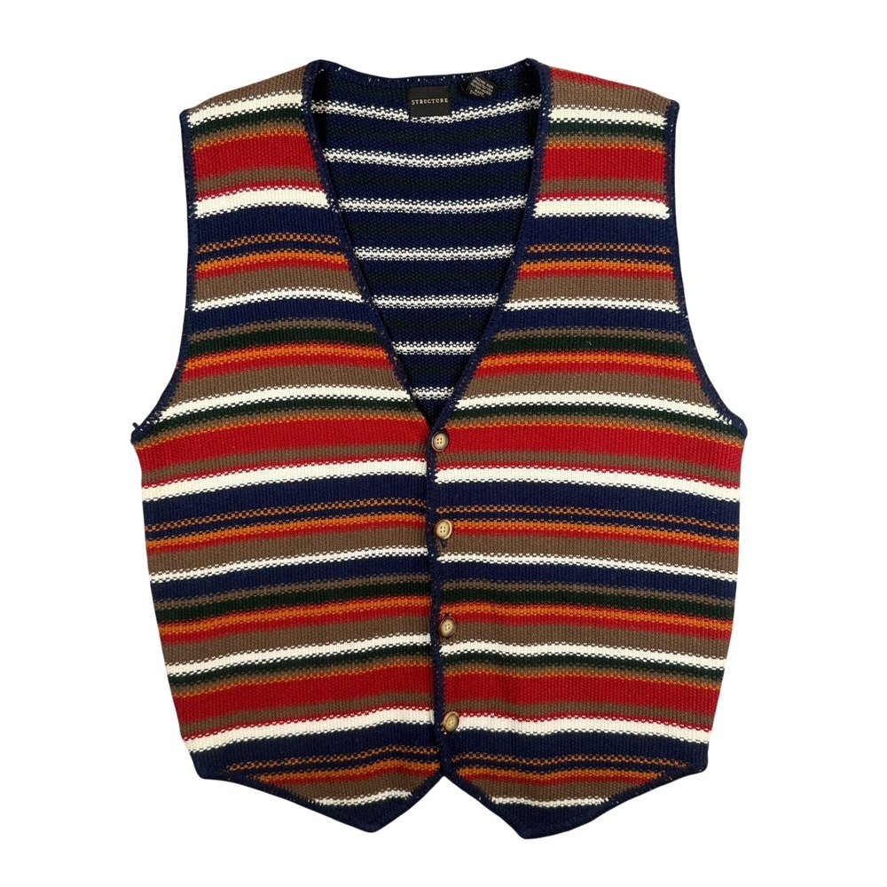 Structure Vintage Striped Knit Vest XL Mens Blue Multi Ramie Cotton Blend